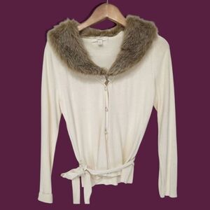 Merona Women's  size S Ivory Pearl Button Cardigan with Removable Fur Collar